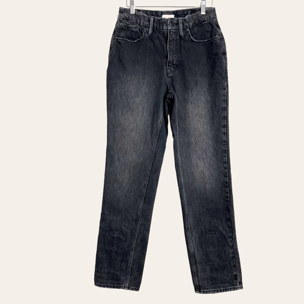 Good American High Waisted Straight Leg Black Distressed Jeans Size 28